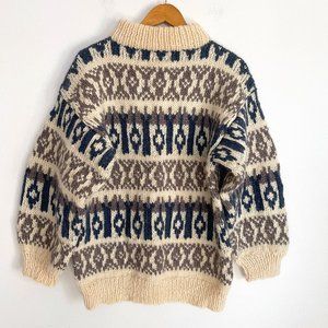 Wool Knit Men Sweater Ski Hand Made Argyle Diamond Mock Neck Size Large